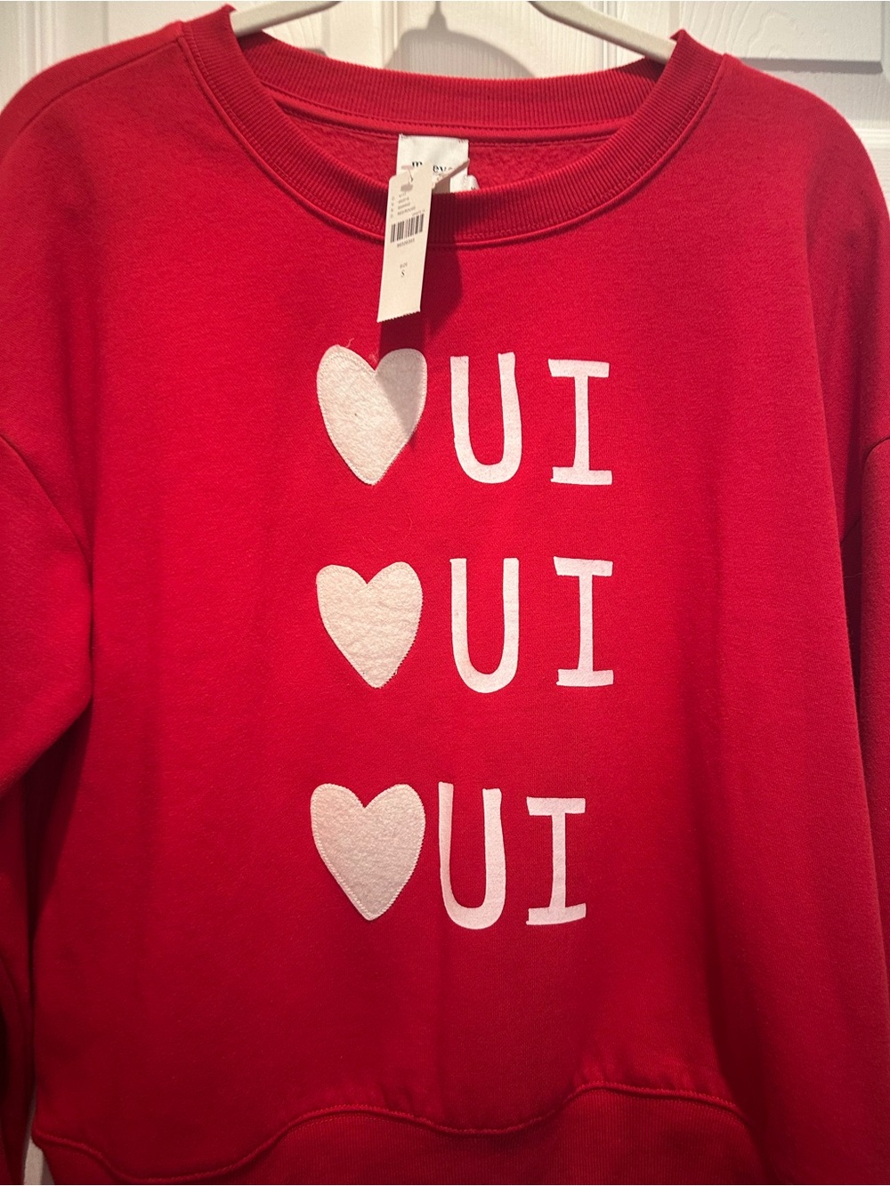 Maeve Red Crewneck Sweatshirt with White Heart "OUI" Graphic NWTs size S
